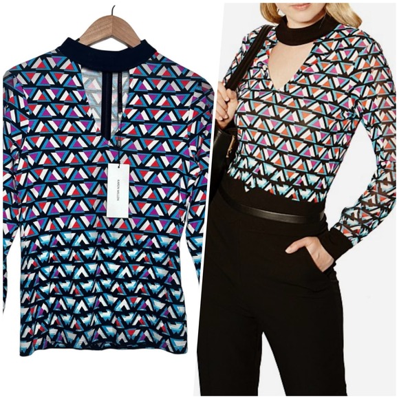 Karen Millen | Women | Geometric Stretch Long Sleeve Choker Blouse | Size 6 US - Picture 1 of 16